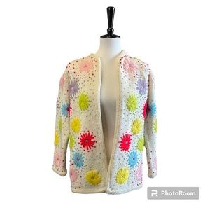 Vintage Colorful Spring Daisy Floral Hand Knit Open Front Cardigan - Size Large